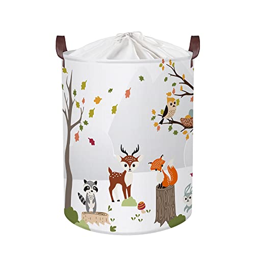 Clastyle 45L Weiß Wald Fuchs Hirsch Wäschekorb Baby Waldtiere Aufbewahrungskorb Kinder Junge Rund Spielzeug Korb für Babyzimmer, 36x45 cm von Clastyle