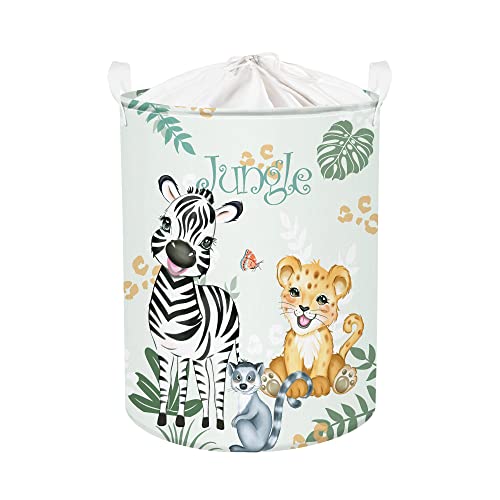 Clastyle 63L Waldtier Zebra Leopard Palmblatt Kinder Wäschekorb für Jungen Mädchen Große Grün Kleidung Spielzeug Aufbewahrung mit Deckel für Kinderzimmer, 40x50 cm von Clastyle