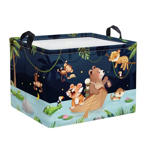 Clastyle Abend River Ausflug Tiere Junge Mädchen Würfel Aufbewahrungskorb für Babyzimmer Bär Tiger Blau Wasserdicht Rechteckig Stoff Regalkörbe Kleidung Spielzeug Kinder Aufbewahrungsbox, 40x30x30 cm von Clastyle