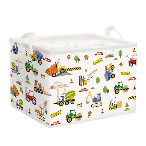 Clastyle Beige Baufahrzeuge Junge Würfel Aufbewahrungskorb für Babyzimmer Bulldozer Bagger Wasserdicht Rechteckig Stoff Regalkörbe Kleidung Spielzeug Kinder Aufbewahrungsbox, 40x30x30 cm von Clastyle