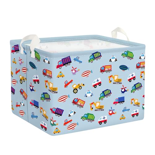 Clastyle Blau Fahrzeug LKW Junge Würfel Aufbewahrungskorb für Babyzimmer Bagger Auto Wasserdicht Rechteckig Stoff Regalkörbe Kleidung Spielzeug Kinder Aufbewahrungsbox, 40x30x30 cm von Clastyle