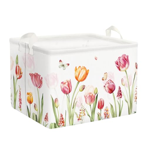 Clastyle Blühende Tulpe Blumen Schmetterling Würfel Aufbewahrungskorb Geschenke für Mama Weiß Rechteckig Stoff Kleidung Spielzeug Aufbewahrungsbox für Muttertagsgeschenk, 40x30x30 cm von Clastyle