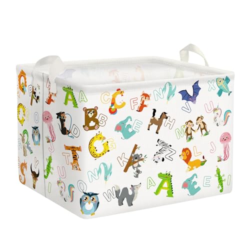 Clastyle Bunte Tier Alphabet Würfel Aufbewahrungskorb für Babyzimmer Einhorn Elefant Eule Weiß Wasserdicht Rechteckig Stoff Regalkörbe Kleidung Spielzeug Kinder Aufbewahrungsbox, 40x30x30 cm von Clastyle