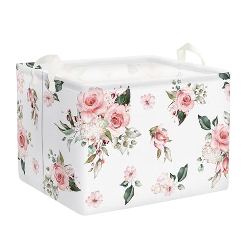 Clastyle Elegant Rosa Flowers Würfel Aufbewahrungskorb Geschenke für Mama Rose White Wasserdicht Rechteckig Stoff Regalkörbe Kleidung Aufbewahrungsbox für Muttertagsgeschenk, 40x30x30 cm von Clastyle