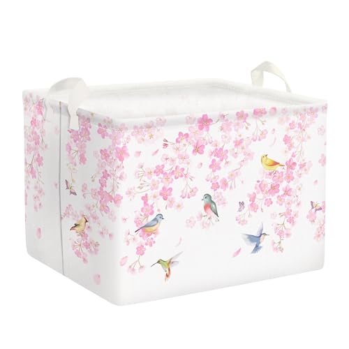 Clastyle Frühling Kirschblüte Würfel Aufbewahrungskorb Geschenke für Mama Rosa Vogel Wasserdicht Rechteckig Stoff Regalkörbe Kleidung Spielzeug Aufbewahrungsbox, 40x30x30 cm von Clastyle