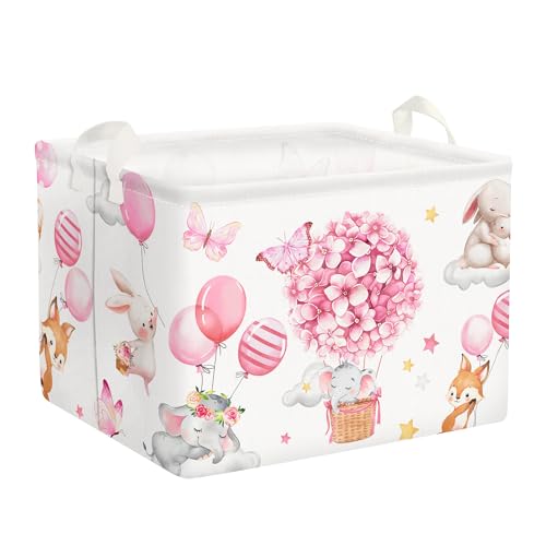 Clastyle Heißluftballon Rosa Blume Mädchen Aufbewahrungskorb für Babyzimmer Elefant Bär Wasserdicht Rechteckig Stoff Regalkörbe Kleidung Spielzeug Kinder Aufbewahrungsbox, 40x30x30 cm von Clastyle