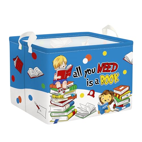 Clastyle Karikatur Kinder Lesen Würfel Aufbewahrungskorb für Kinderzimmer Löwe Blau Rechteckig Kleidung Bücher Aufbewahrungsbox, 40x30x30 cm von Clastyle