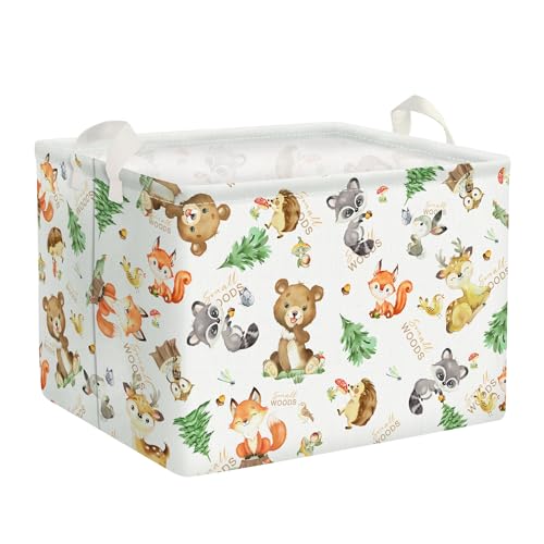 Clastyle Niedlich Weiß Waldtiere Würfel Aufbewahrungskorb für Babyzimmer Bär Fuchs Eichhörnchen Wasserdicht Rechteckig Stoff Regalkörbe Kleidung Spielzeug Kinder Aufbewahrungsbox, 40x30x30 cm von Clastyle