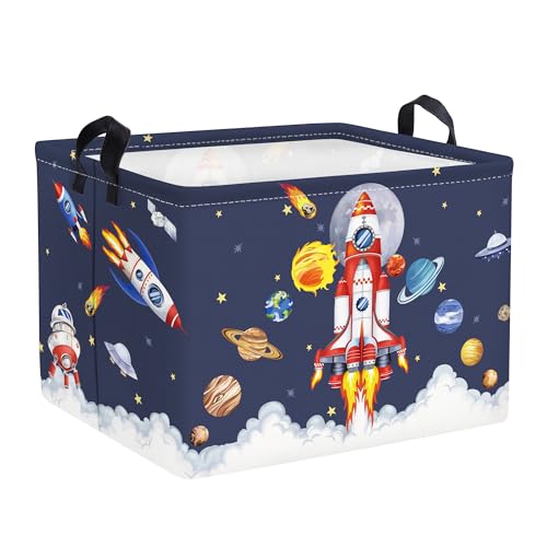 Clastyle Planeten Raketen Start Junge Mädchen Würfel Aufbewahrungskorb für Babyzimmer Meteorit Blau Wasserdicht Rechteckig Stoff Regalkörbe Kleidung Spielzeug Kinder Aufbewahrungsbox, 40x30x30 cm von Clastyle