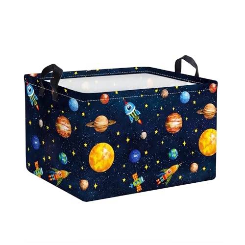 Clastyle Schwarz Kosmischer Planet Aufbewahrungskorb für Babyzimmer Rakete Sterne Jungen Wasserdicht Rechteckig Stoff Regalkörbe Kleidung Spielzeug Kinder Aufbewahrungsbox, 36x26x23 cm von Clastyle