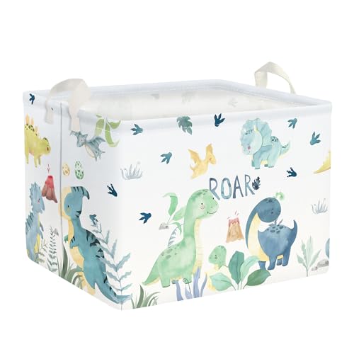 Clastyle Süßer Grün Dinosaurier Würfel Aufbewahrungskorb für Babyzimmer Vulkan Palmblatt Wasserdicht Rechteckig Stoff Regalkörbe Kleidung Spielzeug Kinder Aufbewahrungsbox, 40x30x30 cm von Clastyle