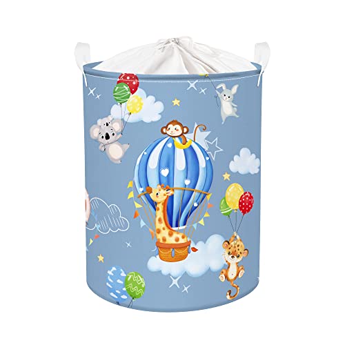 Clastyle Waldtier Giraffe Affe Heißluftballon Blau Baby Wäschekorb Koala Wolken Rund Spielzeug Kleidung Aufbewahrungskorb für Kinderzimmer, 36x45 cm von Clastyle