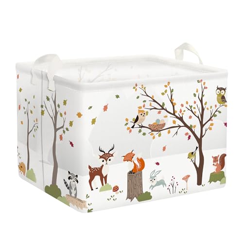 Clastyle White Wildtier Würfel Aufbewahrungskorb für Babyzimmer Hirsch Fuchs Vogel Eichhörnchen Kaninchen Baum Wasserdicht Rechteckig Regalkörbe Kleidung Spielzeug Kinder Aufbewahrungsbox, 40x30x30 cm von Clastyle