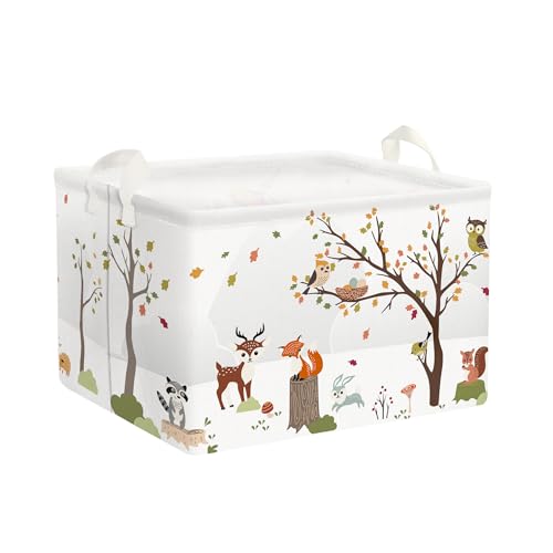 Clastyle White Wildtier Würfel Aufbewahrungskorb für Babyzimmer Hirsch Fuchs Vogel Eichhörnchen Kaninchen Baum Wasserdicht Rechteckig Regalkörbe Kleidung Spielzeug Kinder Aufbewahrungsbox, 36x26x23 cm von Clastyle