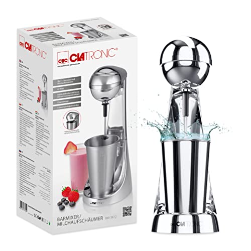 Clatronic® Barmixer u. Milchaufschäumer in Einem, Smoothie Maker mit 650ml Edelstahlbehälter u. praktischem Becherhalter, Mixer mit 2 Geschwindigkeitsstufen u. kraftvollen 65W, Chromdesgin – BM 3472 von Clatronic