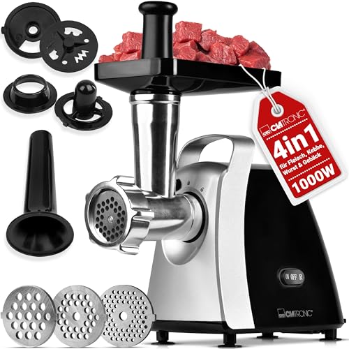Clatronic® Fleischwolf 1000W Mit Aufsatz für Plätzchen & Spritzgebäck | 3 Metall-Scheiben | Vor-/Rücklauf | Wurstfüller | Metall-Hals u. Schnecke | FW 3803 von Clatronic