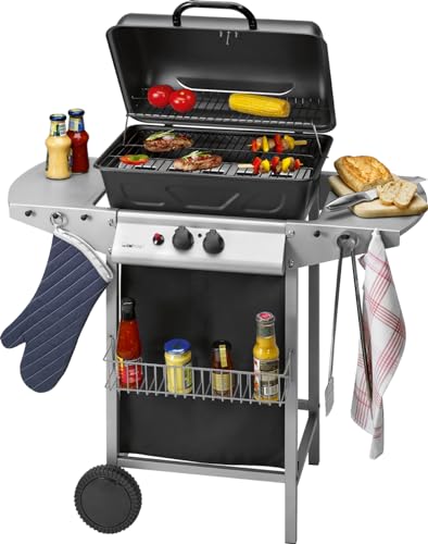 Clatronic® Gasgrill mit 2 Heizzonen für individuelle Temperatursteuerung, Grillwagen inkl. Grillrost + Warmhalterost, Grill mit praktischem Ablagekorb u. großem Stauraum für eine Gasflasche – GG 3590 von Clatronic