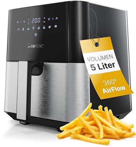 Clatronic® Heißluftfritteuse XXL - 5L Fritteuse | Heißluft für fettfreies frittieren| Edelstahl-Airfryer mit digitalem Touchscreen | 360° Air-Flow | Heißluft-Friteuse mit 8 Programmen | FR 3782 H von Clatronic