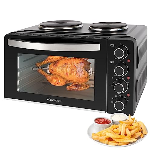 Clatronic® Mini-Backofen mit Kochplatten und Drehspieß | gleichzeitig kochen u. backen | Minibackofen 28L Umluft Ober-/Unterhitze 100°-230°C | Elektrischer Mini Ofen 3100 Watt inkl. Zubehör | KK 3786 von Clatronic