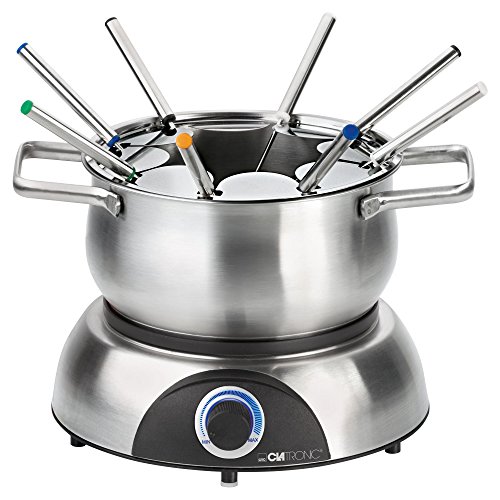 Clatronic FD 3783 elektrischer Fonduetopf, Topf mit abnehmbaren Spritzschutz, Fondue-Set für 8 Personen mit Edelstahl Fondue-Gabeln, farblich markiert, Füllmenge max. 1,2 Liter/1400 Watt, edelstahl von Clatronic