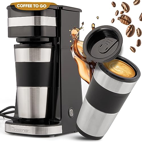 Clatronic Kaffeemaschine mit 400ml Kaffee To Go Becher | passend für alle gängigen Getränkehalter (z. B. Auto) | Filterkaffeemaschine mit Edelstahlbecher und Aromadeckel |Kaffeemaschine klein KA 3733 von Clatronic