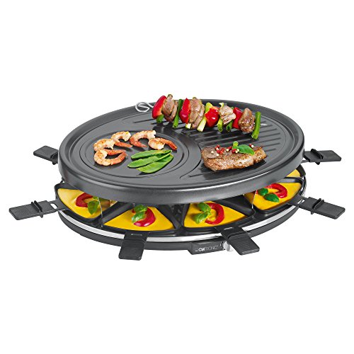 Clatronic RG 3776 Raclette-Grill, 1400 Watt, zum Grillen und Überbacken, Cool Touch-Gehäuse, Raclette-Grill für bis zu 8 Personen, inkl. Holzspachtel und Pfännchen, Schwarz von Clatronic