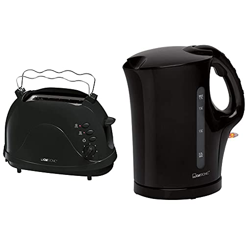 Clatronic TA 3565 2-Scheiben-Toaster, Cool-Touch Gehäuse, integrierter Brötchenaufsatz, schwarz & WK 3445 Wasserkocher, 1,7 Liter, 2 außenliegende Wasserstandsanzeigen, schwarz von Clatronic