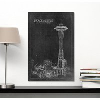 Space Needle Tower Blueprint Schwarz-Weiß-Druck Blaudruck Auf Leinwand Mikrofaser-Gebäude Futuristisch in Washington von ClavinInc