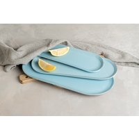Himmelblaues 3Er-Set Handgefertigte Keramik Hellblaue Rechteckige Servierteller, Servierteller Set, Großes Abendessen Mutter Geschenk von ClaybyDannah