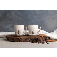 Set Mit Zwei Weißen Espressotassen Griff Und Untertassen, 2 Keramiktassen Baum, Keramik 5 Unzen Espressotassen, Teetassen Oder Kaffeetassen von ClaybyDannah