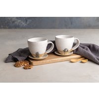 Set Von Zwei Keramik Espresso Tassen Mit Griff Und Baum Drucken, 2 Handgefertigte Moderne Weiß Beige Kaffeetassen, Teetassen Set, Weihnachtsgeschenk von ClaybyDannah