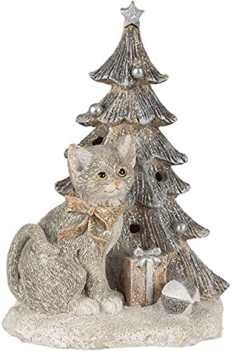 Clayre & Eef Dekoration Katze am Weihnachtsbaum grau 12x9x16 cm LED 6PR4629 von Clayre & Eef