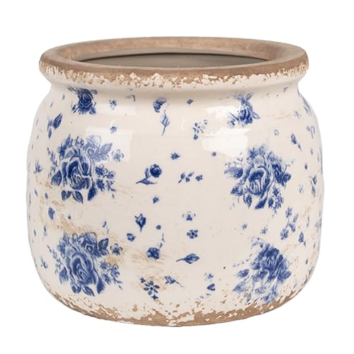 Clayre & Eef Innenblumentopf Ø 16x13 cm Beige Blau Keramik Rosen Pflanzentopf von Clayre & Eef