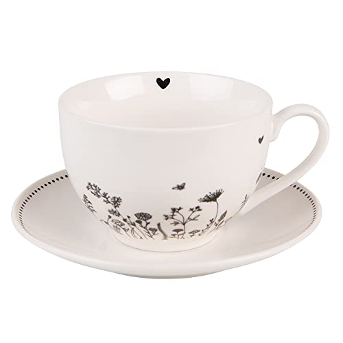 Clayre & Eef Tasse mit Untertasse 200 ml Beige Schwarz Porzellan Blumen Geschirr von Clayre & Eef