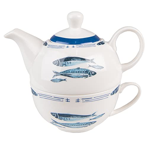 Clayre & Eef Tea for One 400 ml Weiß Blau Porzellan Fische Teekannen Set Teeset Teekanne mit Teetasse von Clayre & Eef