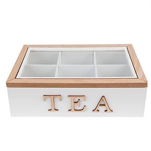 Clayre & Eef Teebox mit 6 Fächern 23x17x8 cm Weiß Braun MDF Glas Tea Tee-Kiste von Clayre & Eef