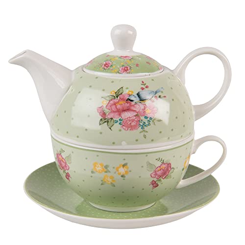 Clayre & Eef Teekannen Set 460 ml Grün Beige Porzellan Blumen Teeset Teekanne mit Teetasse von Clayre & Eef