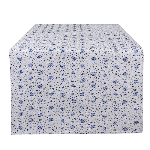 Clayre & Eef Tischläufer 50x140 cm Weiß Blau Baumwolle Rechteck Rosen von Clayre & Eef