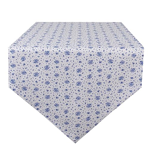 Clayre & Eef Tischläufer 50x160 cm Weiß Blau Baumwolle Rechteck Rosen von Clayre & Eef