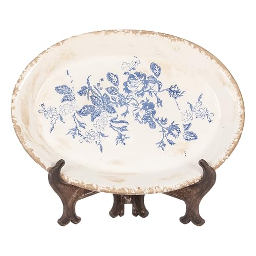 Clayre & Eef Unterteller 25x18x3 cm Beige Blau Keramik Oval Blumen von Clayre & Eef