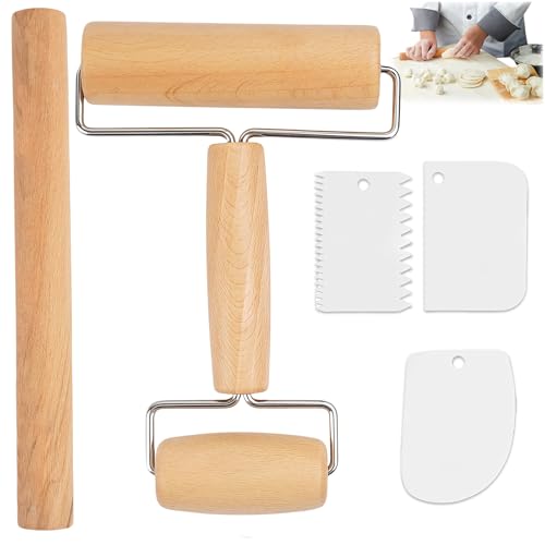5 Stück Nudelholz Holz Set, Teigroller Holz, Teigroller Klein, Rolling Pin, Ausgestattet mit Teigschaber Langlebig Backzubehör, Eignet Sich zur Herstellung von Pizzateig Dessertteig Keksteig von ClcIosis