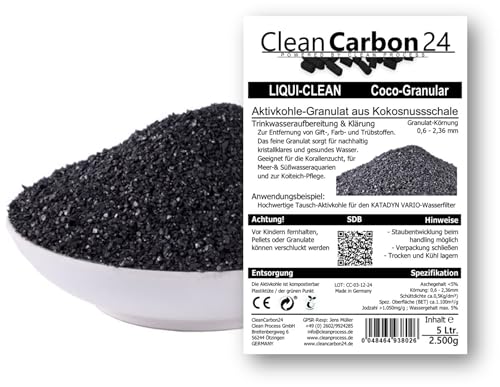 5L | CC24 Aktivkohle Granulat Kokosnussschalen 0,6–2,36 mm | 8x30mesh | Wasseraufbereitung Aquarium Teichfilter | Aktivkohle für Wasserfilterung & Klärung | Made in Germany von Clean Carbon 24 POWERED BY CLEAN PROCESS