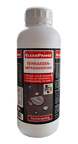 1 Liter CleanPrince Terrassen-Imprägnierung 1000 ml: wasserabweisend ölabweisend Terrassen Imprägnierung Fleckschutz Steinimprägnierung Plaster Platten imprägnieren Für Gartenplatten, Terrassenplatten, Gehwegplatten, Balkone, Klinker, Ziegel, Sandstein, Granit, unpoliertes Feinsteinzeug und offenporige Pflanzkübel aus Keramik oder Terrakotta. Terrassenimprägnierung. von CleanPrince