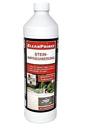 CleanPrince 1 Liter Stein-Imprägnierung Steinimprägnierung wasserbasierend ölabweisend wasserabweisend Moos Algen Fleckstop Fleckstopp für alle saugfähigen Natursteine / Naturstein und Kunststeine / Kunststein, wie Marmor, Granit, Schiefer, Klinker, Jura- Marmor, Sandstein, Quarzit, Keramik, Cotto, Frostschäden durch eingedrungenes Wasser und Ausblühungen sowie Grünspan gehören der Vergangenheit an frostbeständig UV-stabil Abperleffekt wasserabweisend 1000 ml von CleanPrince