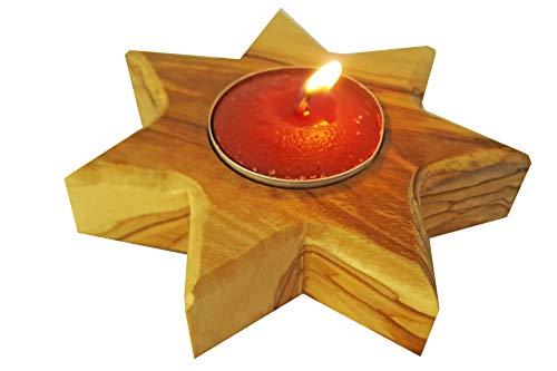 CleanPrince 1 Stück Holz - Teelichthalter 10,5 cm Olivenholz Stern mit 7 Spitzen 25 mm Höhe Kerzenständer Kerzenhalter braun Holzstern von CleanPrince