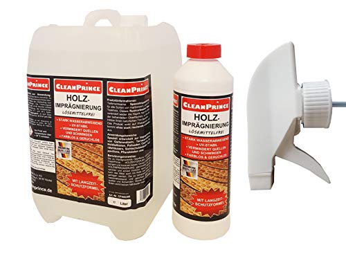 CleanPrince 5,5 Liter Holzimprägnierung lösemittelfrei farblos geruchlos UV-stabil stark wasserabweisend, vermindert Quellen und Schwinden aller Holzarten Teakholz Holz-Imprägnierung Holzschutz von CleanPrince