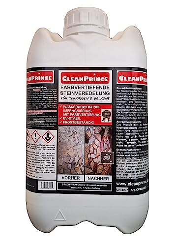 CleanPrince 5 Liter Farbvertiefende Steinveredelung für Terrassen und Balkone | Farbvertiefung Naturstein Beton Schiefer Travertin Granit Marmor Schiefer Kalkstein Terrakotta Backstein CleanPrince 5 Liter Farbvertiefende Steinveredelung für Terrassen und Balkone | Farbvertiefung Naturstein Beton Schiefer Travertin Granit Marmor Schiefer Kalkstein Terrakotta Backstein von CleanPrince