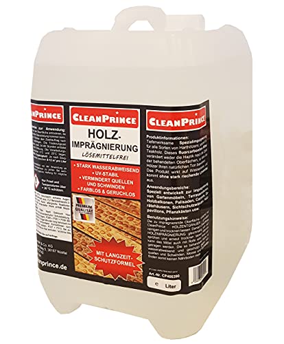 CleanPrince 5 Liter Holzimprägnierung | lösemittelfrei, farblos und geruchlos, UV-stabil, stark wasserabweisend, vermindert Quellen und Schwinden aller Holzarten Teakholz Bankirai Holzöl Holzschutz Hartholzschutz Holzmöbel imprägnieren streichen OHNE LÖSEMITTEL Holz-Imprägnierung Wetterschutz Wetterschutzschicht Holzschutz Moosschutz Witterungsschutz von CleanPrince