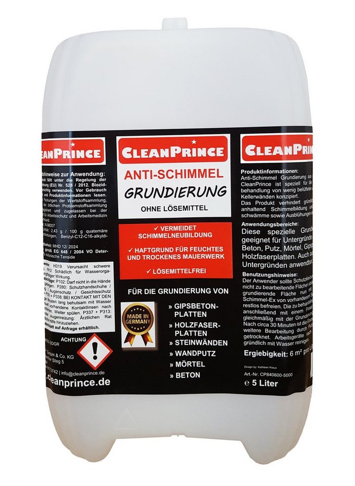 CleanPrince Anti-Schimmel-Grundierung Anti-Schimmel-Grundierung, Haftgrund für Wand, Rigips, Putz, Holz, Lösemittelfrei, Untergrundbehandlung z. B. in Kellern von CleanPrince