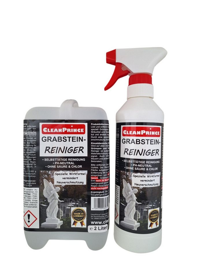 CleanPrince Grabsteinreiniger, Reiniger für Naturstein Grabsteine Kunststeine Flüssigreiniger (entfernt Grünbeläge ohne Chlor oder Säure) von CleanPrince